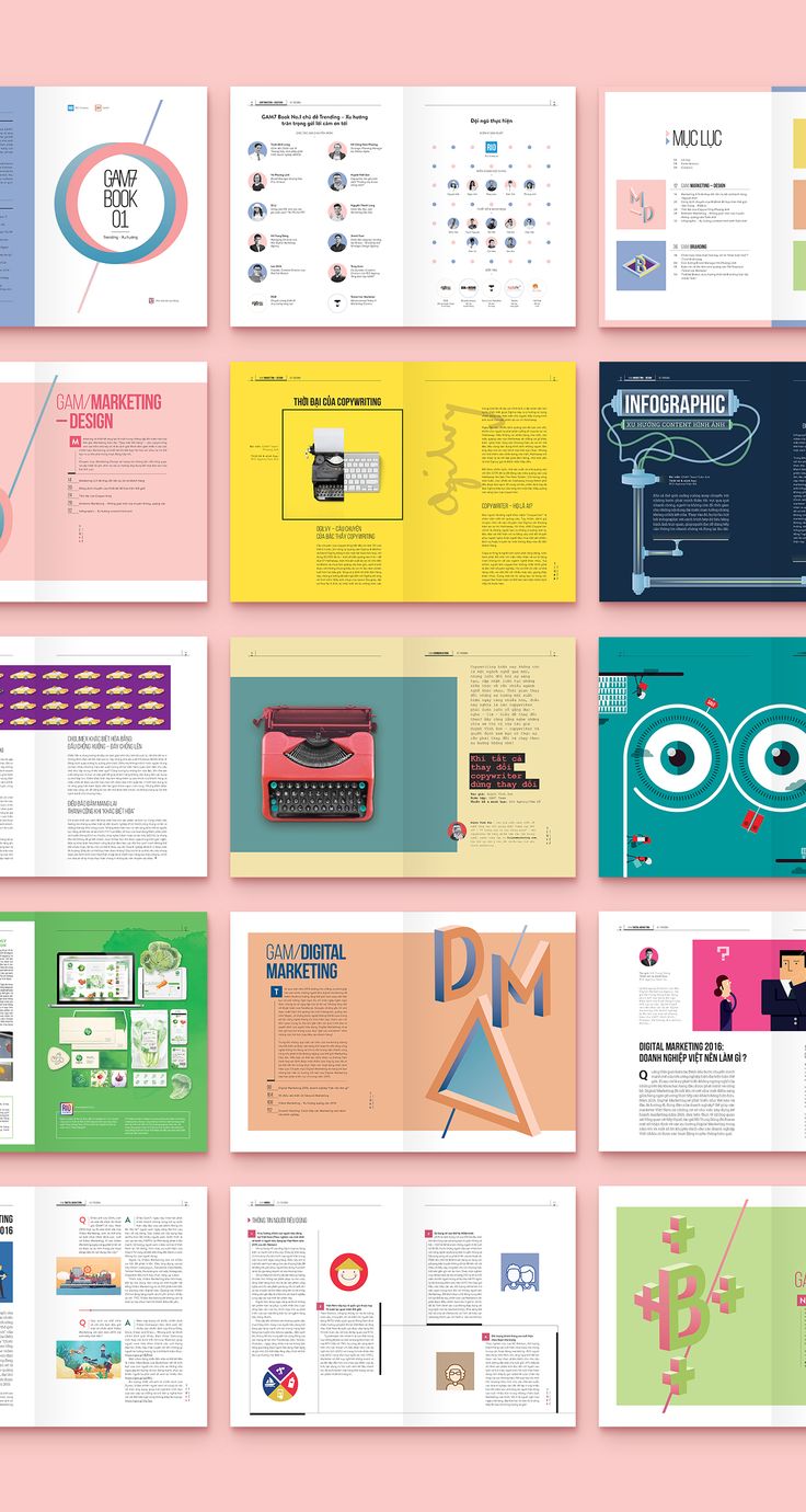 an assortment of brochures are displayed on a pink background with different colors and shapes