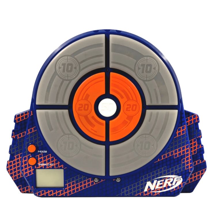 an orange and blue frisbee with the word nerf on it