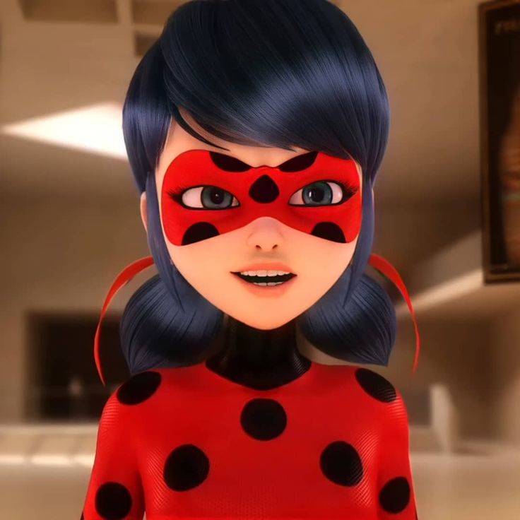 an animated ladybug girl with blue hair and black eyes wearing a red polka dot mask