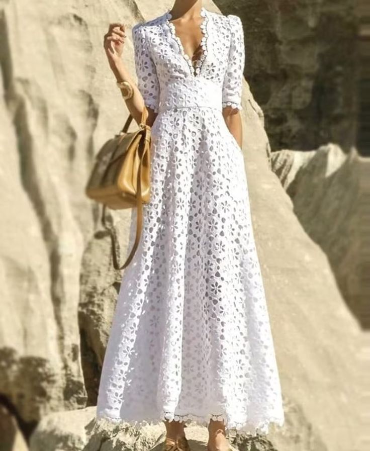 Summer V-neck Dress With Crochet Lace, Elegant Crochet Dress For Beach, Spring Crochet Lace Dress For Beach Cover-up, Long Lace Dress For Summer Weddings, Spring Beach Wedding V-neck Dress, Elegant Crochet Maxi Dress For The Beach, Elegant Crochet Lace Dress For The Beach, Elegant Crochet Lace Dress For Vacation, Elegant V-neck Crochet Dress For Summer