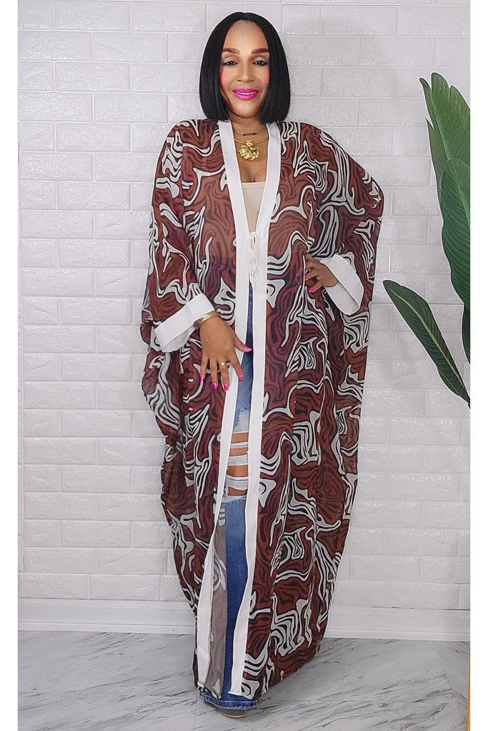 101723 Brown Animals Swirl Print Sheer  Kimono Duster One Size fit Sheer Long Duster, Long Duster Set, Brown Animals, Open Front Kimono, Printed Palazzo Pants, Sheer Kimono, Kimono Duster, Plus Size Outerwear, Print Kimonos