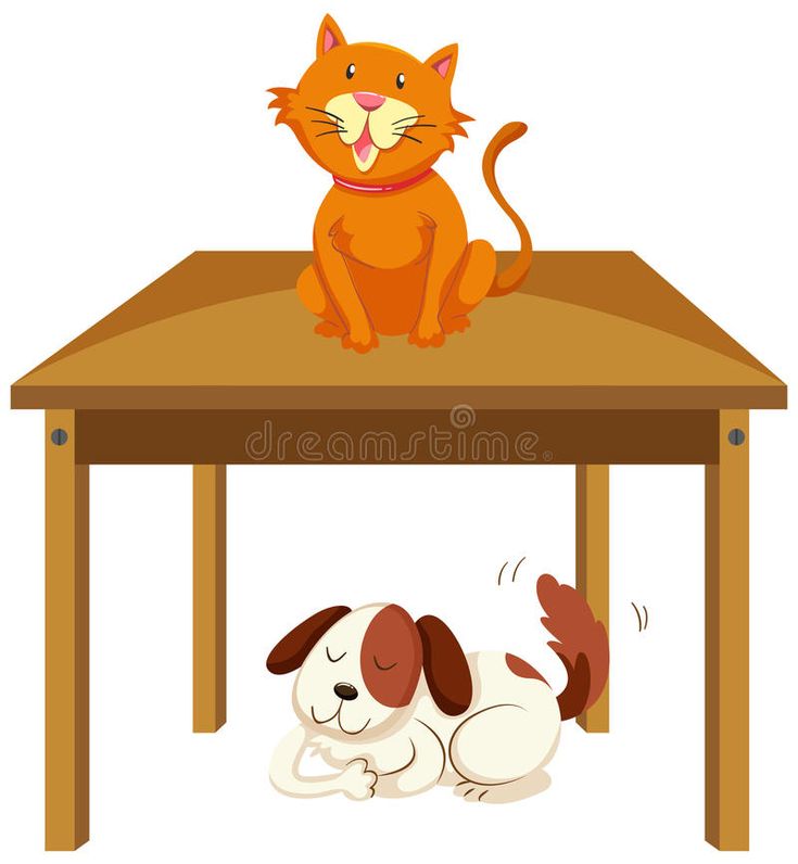 an orange cat sitting on top of a wooden table next to a dog sleeping under it