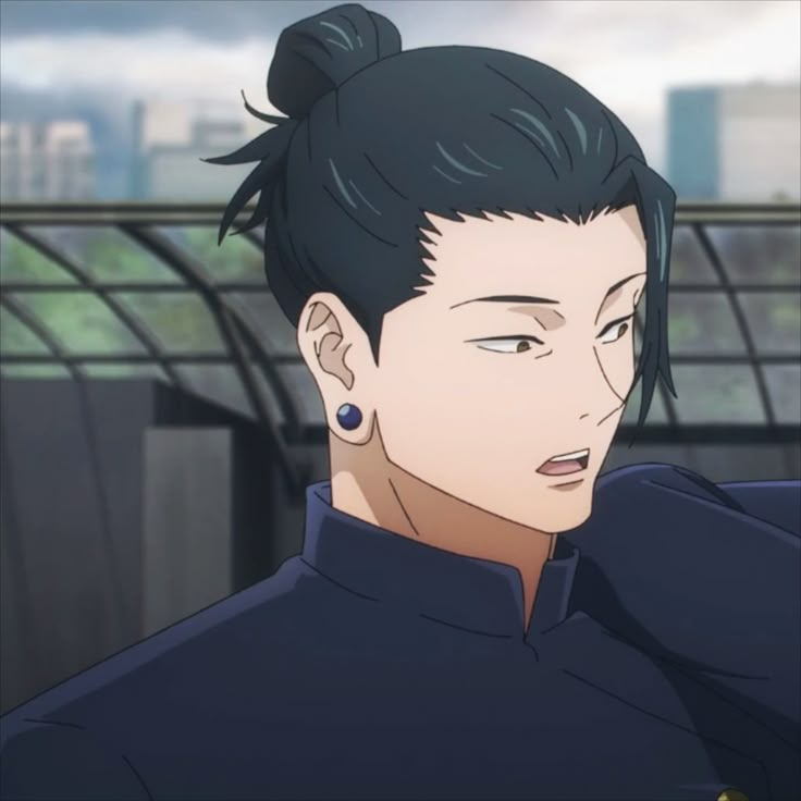 an anime man with black hair and piercings on his ears looking off to the side