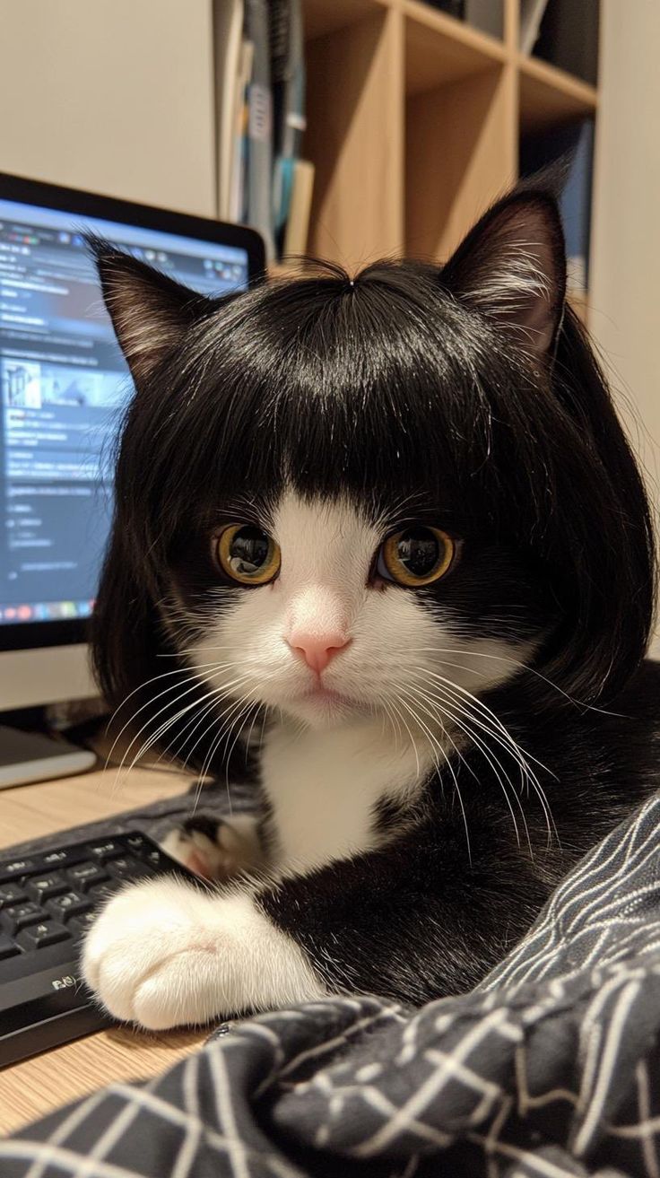 a black and white cat laying on top of a desk next to a computer monitor