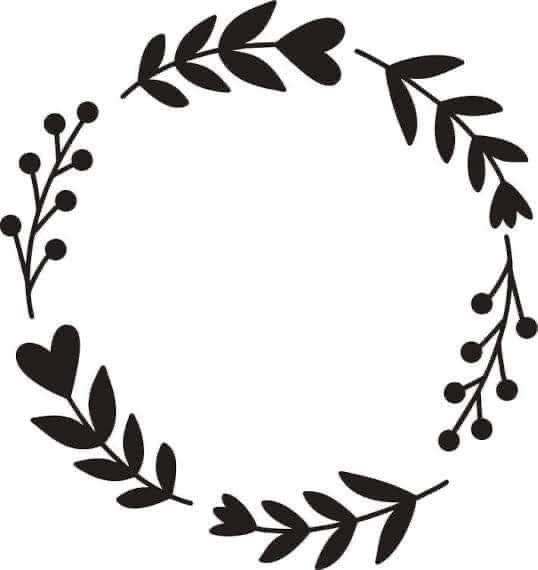 a wreath with leaves and berries on the side, in black against a white background