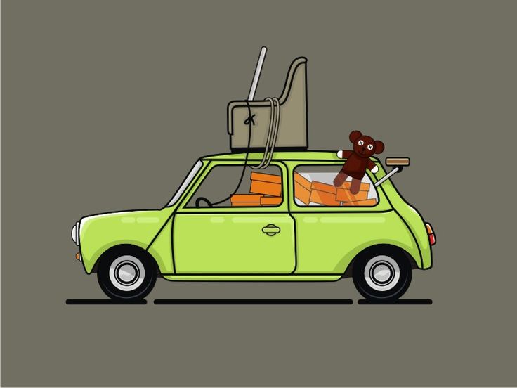 a small green car with a teddy bear in the passenger seat and luggage on top