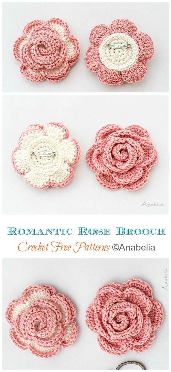 crochet rose brooch is shown in four different colors and sizes, with the text