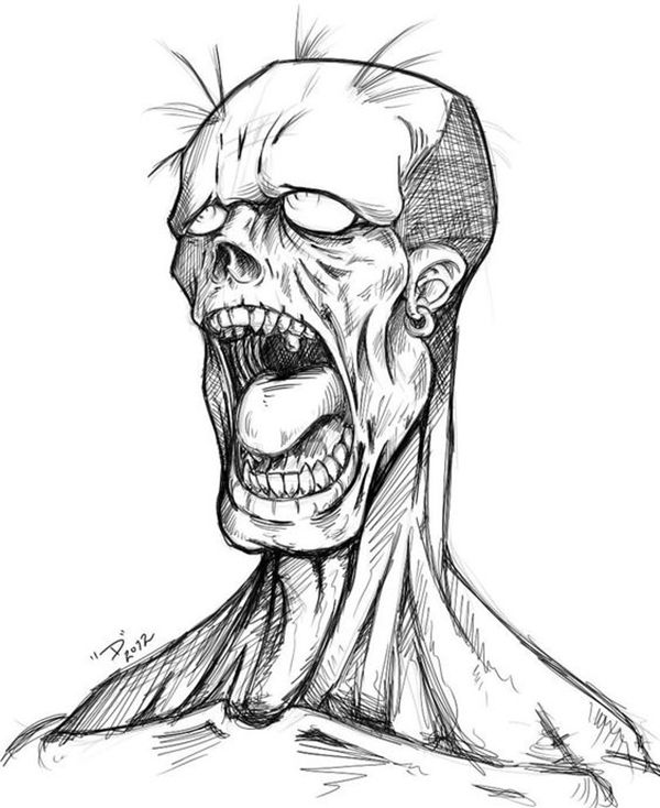 a drawing of a man's head with an evil look on his face and neck