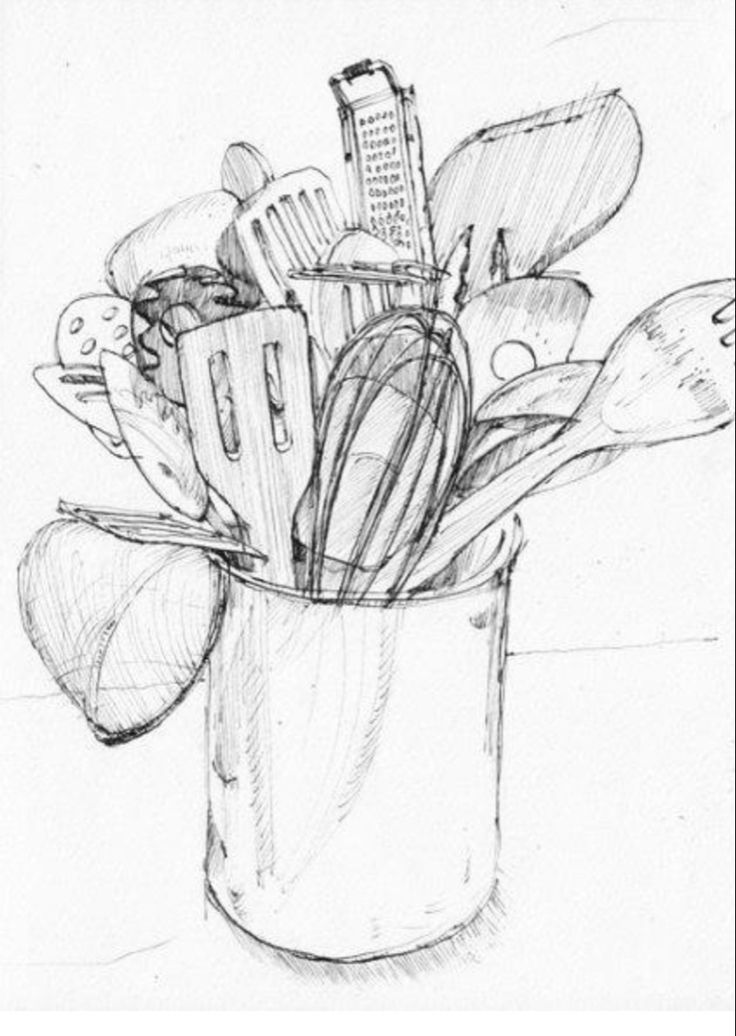 a pencil drawing of a vase filled with utensils and other things in it