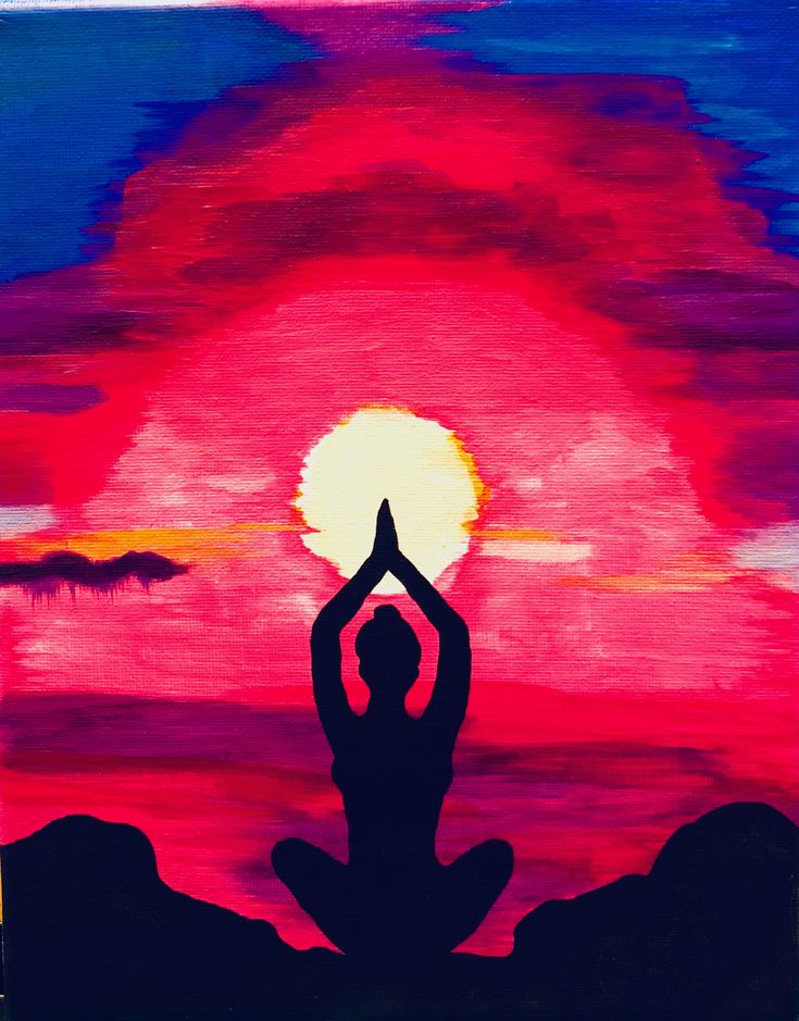 a painting of a person doing yoga in front of the sun with their hands up