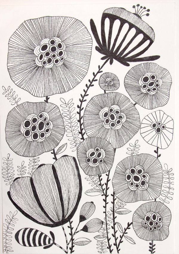 an ink drawing of flowers and leaves