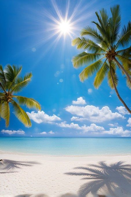 two palm trees on the beach with bright blue sky and sun shining through clouds in the background