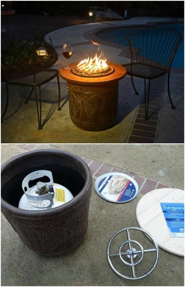 there are two pictures of fire pit with chairs around it and the same one is empty