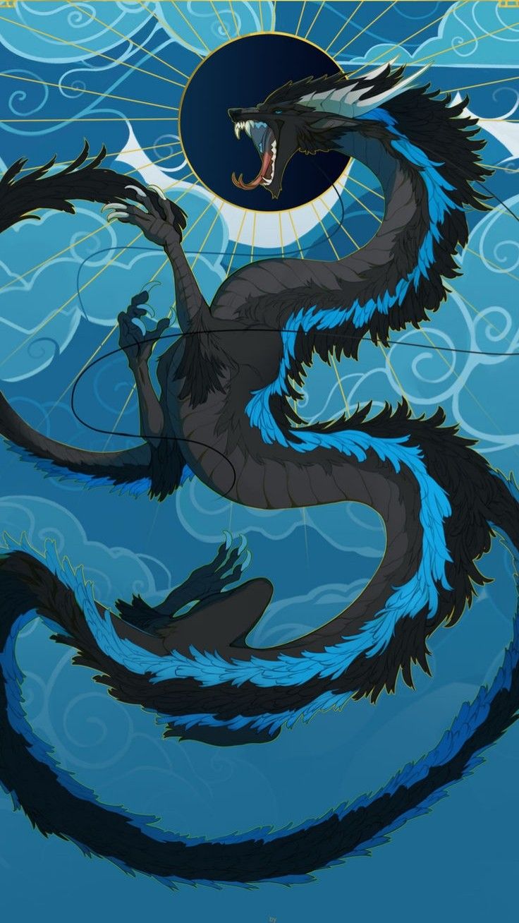 a blue and black dragon sitting on top of a body of water with clouds in the background