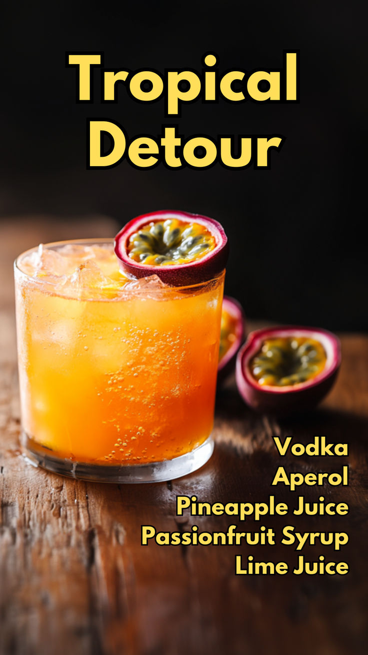 Tropical Detour Tropical Food Ideas, Refreshing Vodka Drinks, Passionfruit Syrup, Passionfruit Cocktail, Cocktail Cards, Juice Cocktails, Desert Drinks, Tropical Cocktails, Drinks Ideas