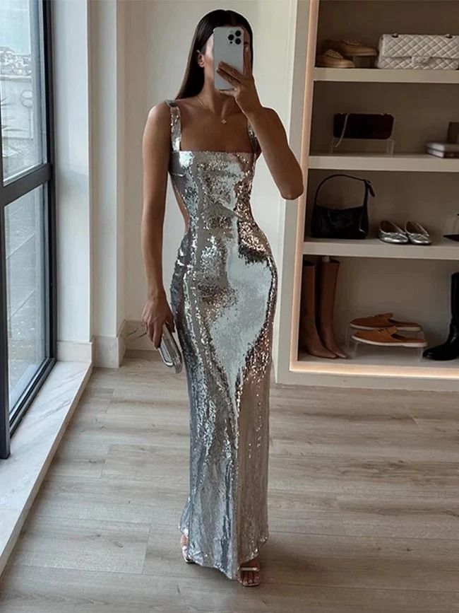 Silver maxi dress | Mabel Love Co Winding Dress, Fancy Poses, Engaged Dress, Euphoria Themed Party, Silver Maxi Dress, Weddings 2024, Island Dress, Backless Bodycon Dresses, Backless Prom Dresses