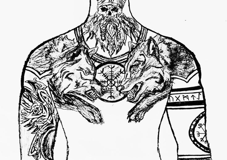 a black and white drawing of a man's torso with tattoos on his chest