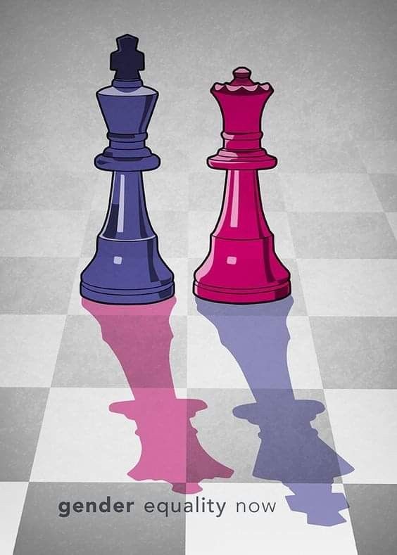 two colorful chess pieces sitting on top of a checkered floor with the words gender equality now