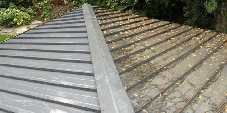 a metal roof with leaves on the ground and trees in the backgrouds