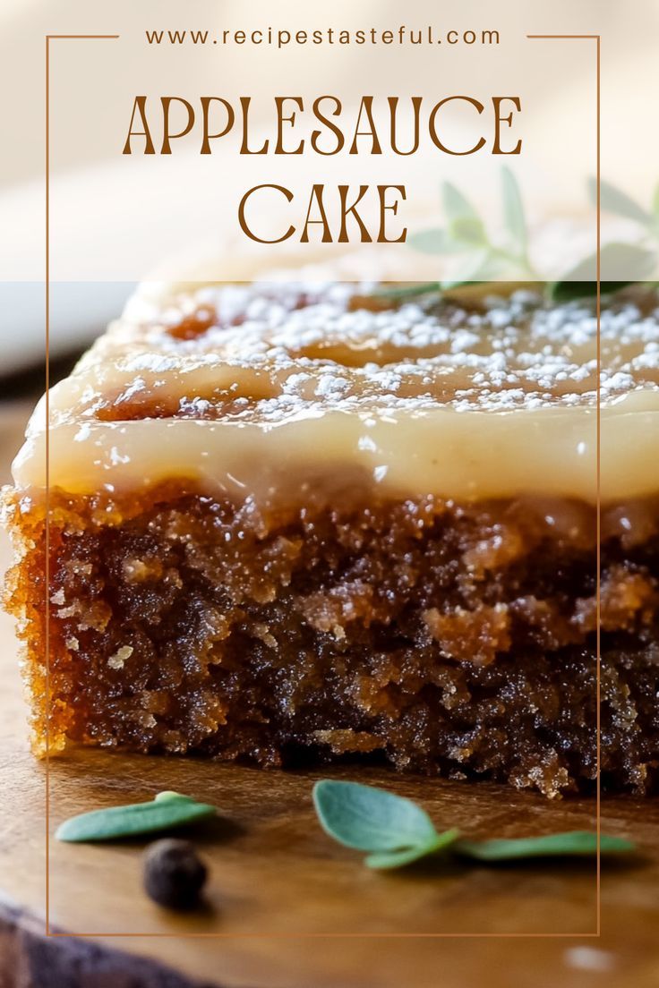 a close up of a piece of cake on a wooden board with leaves around it