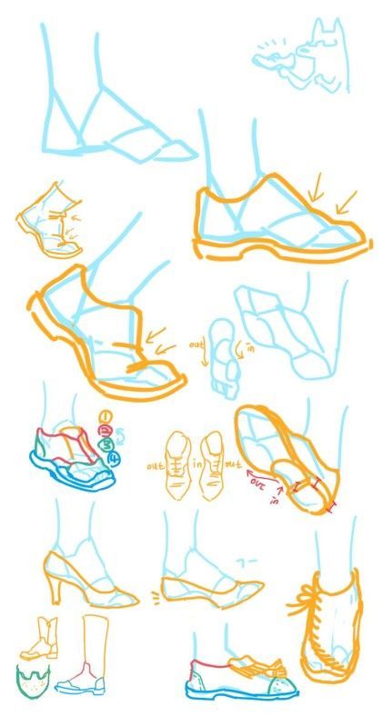 an image of different types of shoes drawn in blue, yellow and orange ink on white paper