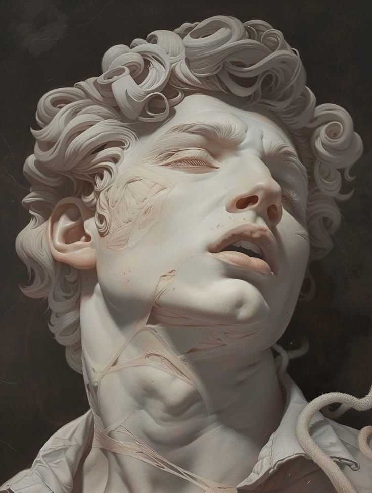 a close up of a statue of a man with curly hair