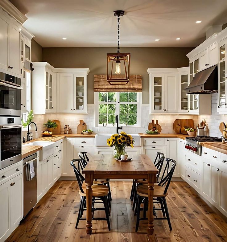 a kitchen filled with lots of white cabinets and counter tops next to a wooden table