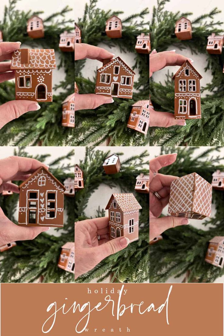 gingerbread houses are being held up by hands