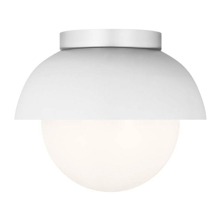 a white ceiling light with a round shade on the top and an open bulb at the bottom