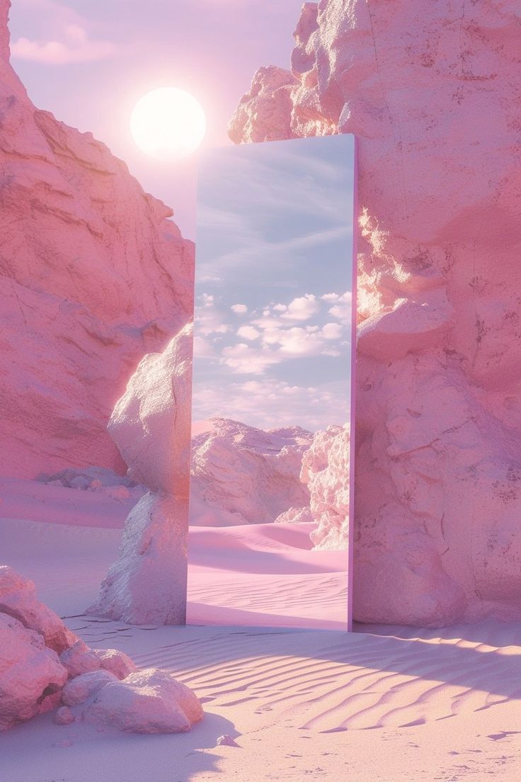 a mirror sitting in the middle of a desert filled with pink rocks and snow covered mountains