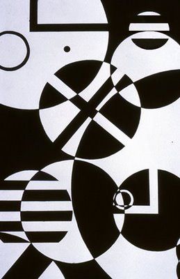 an abstract black and white painting with circles