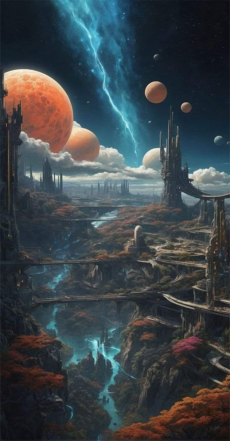 an image of a futuristic city surrounded by planets