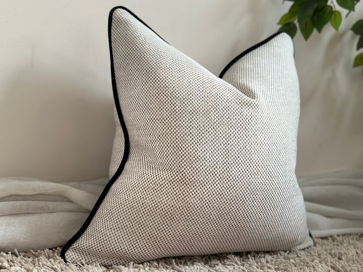 a white and black pillow sitting on top of a rug next to a potted plant