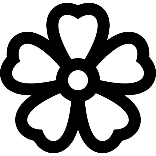 a black and white silhouette of a flower with hearts in the center, on a white background