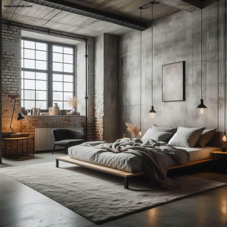 an industrial bedroom with brick walls and concrete floors