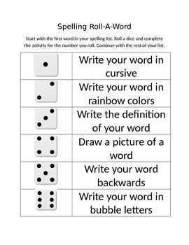 the spelling roll - a - word worksheet is shown with four dices