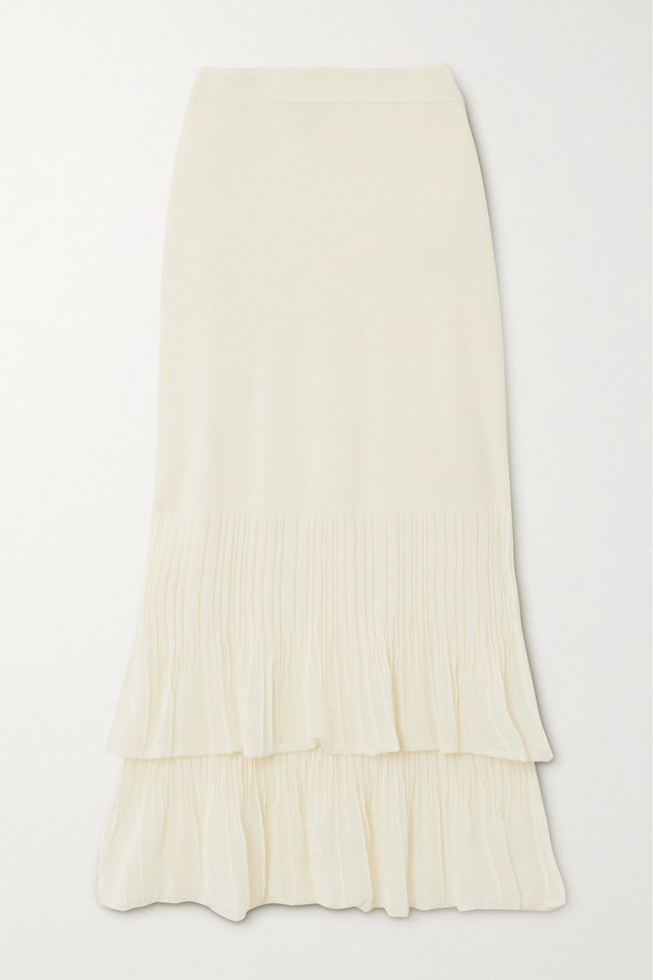 Bottega Veneta's skirt has a fresh, modern simplicity. Knitted from cotton-blend, the layered design can be worn as separate pieces. The ribbed finish accentuates its slim, pencil silhouette. Ivory Skirt, Cream Skirt, Pencil Silhouette, Layered Design, Crochet Skirt, Skirt Design, Summer Cotton, Knit Skirt, White Skirts