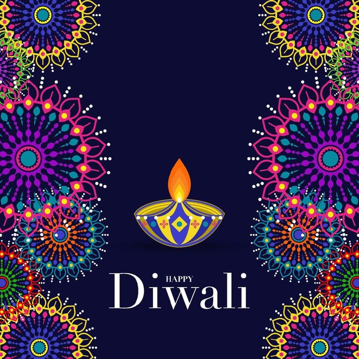 happy diwali greeting card with colorful flowers and candle on dark blue background illustration