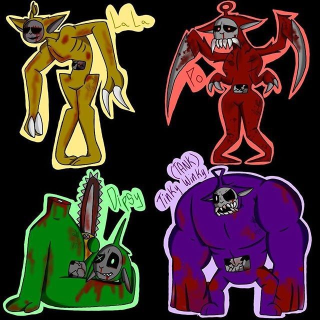 four different colored cartoon characters with one being a demon