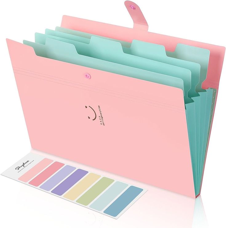 a pink file folder with six different colors on the front and one in the back