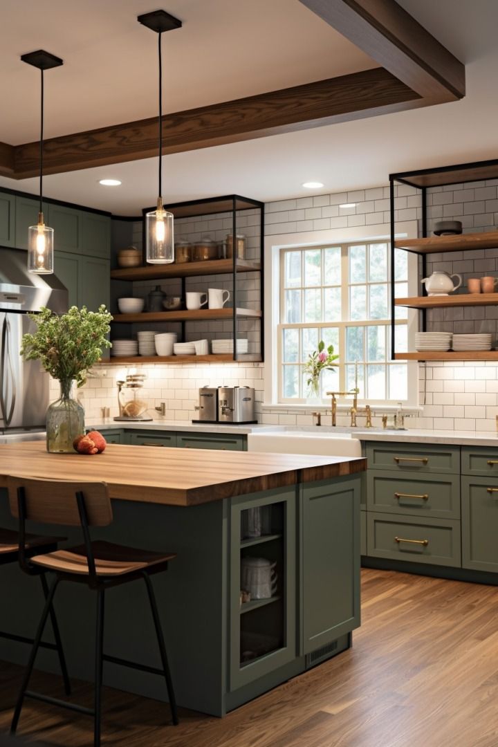 a kitchen with wooden floors and green cabinets