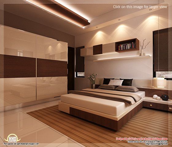 a modern bedroom with white and brown decorating the bed, shelves and drawers on the wall