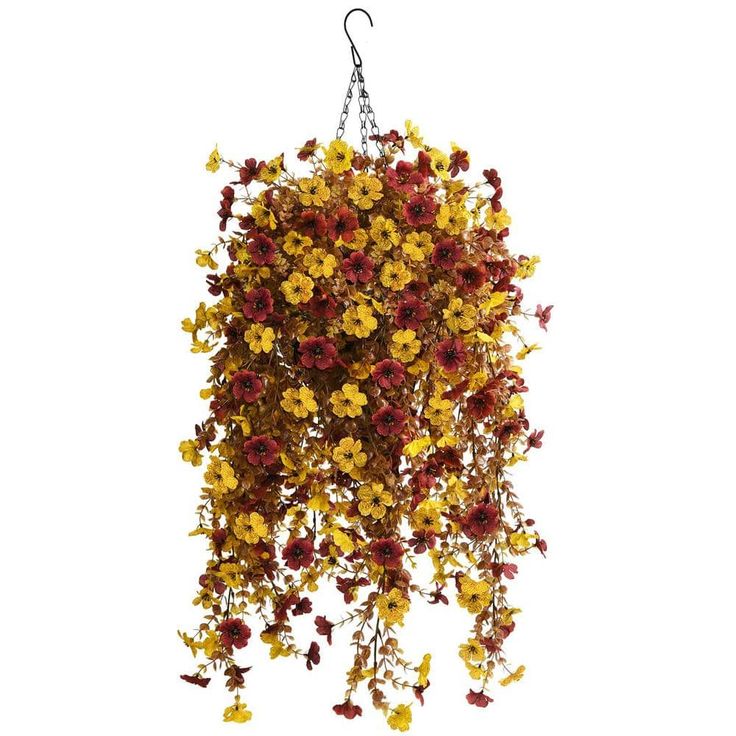 yellow and red flowers hanging from a chain