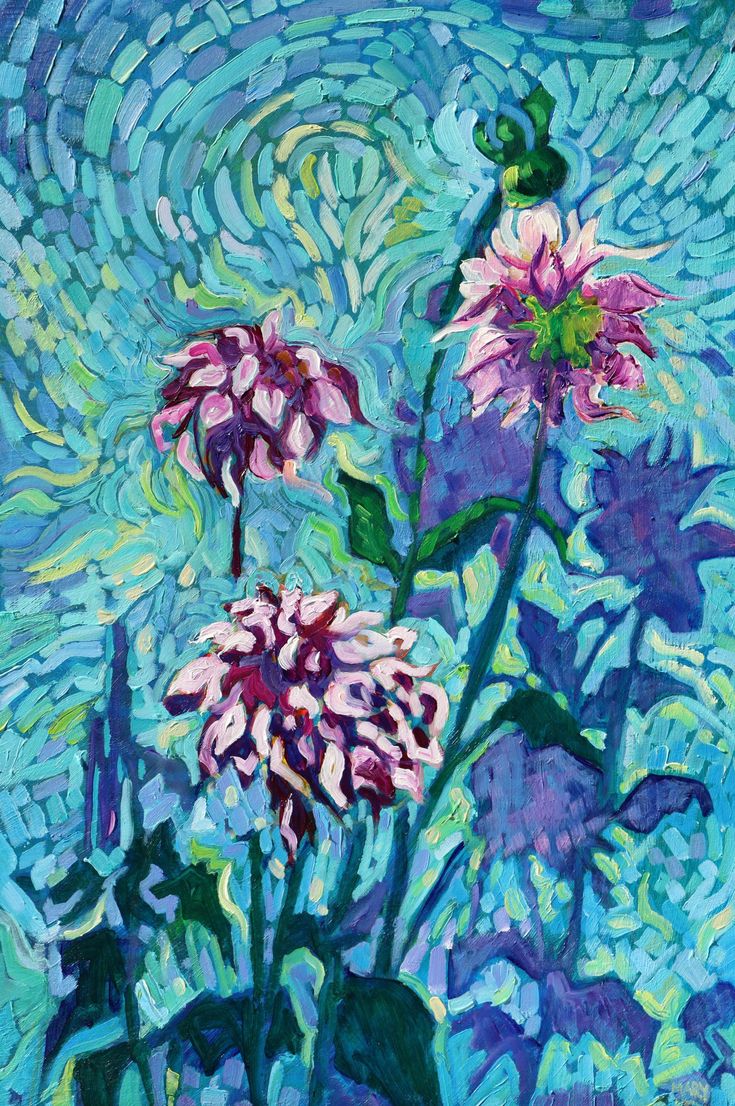 an oil painting of purple flowers against a blue background