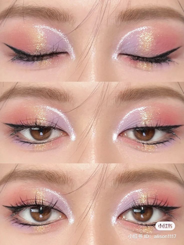 Bridesmaid Makeup Purple, Pink Make Up Look, Makeup Ideas For School, Glitter Eyeshadow Looks, Elf Hair, Bentuk Alis, Festival Make Up, Doll Eye Makeup, Cute Eye Makeup