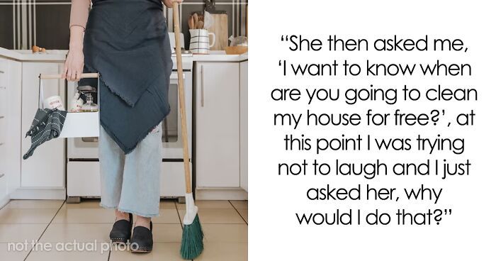 a woman standing in a kitchen holding a mop and wearing an apron with the words she then asked me, i want to know to know when are you going to clean my house for free? at this point