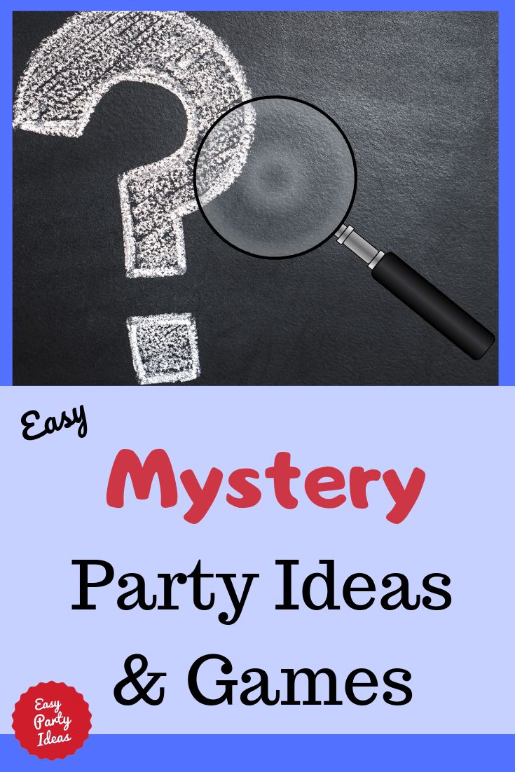 a magnifying glass next to a question mark on a blackboard with the words mystery party ideas and games