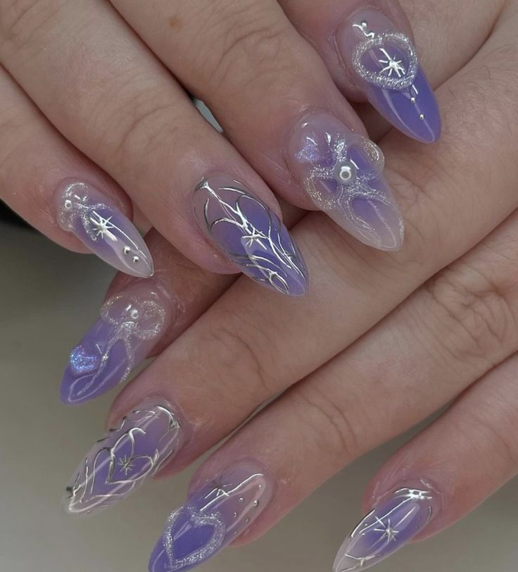 Purple Japanese Nails, Purple 3d Nails, Douyin Nails Purple, Korean Purple Nails, Purple Blush Nails, Purple Nails Korean, Purple Korean Nails, Purple Pearl Nails, Nail Designs Charms