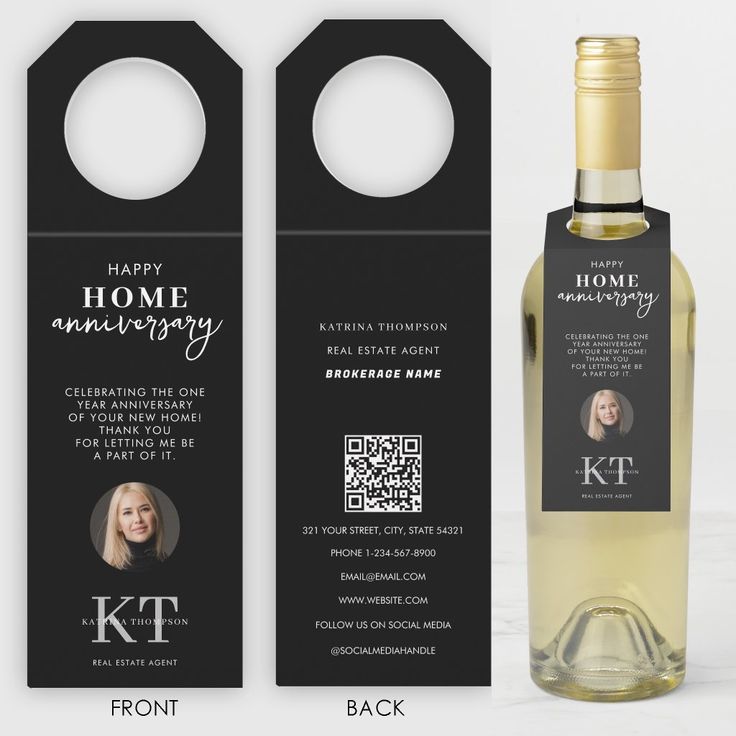 an open bottle of wine next to a black and white label with the words happy home anniversary on it