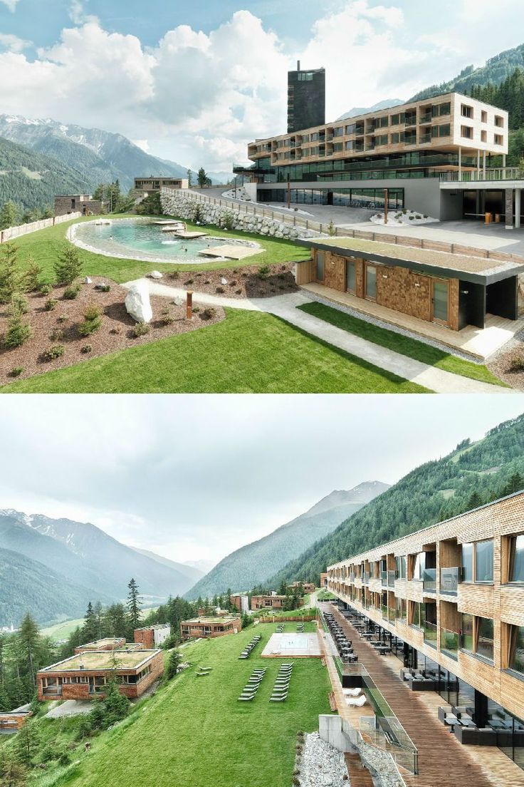 two pictures of the same building with mountains in the background and grass on the ground